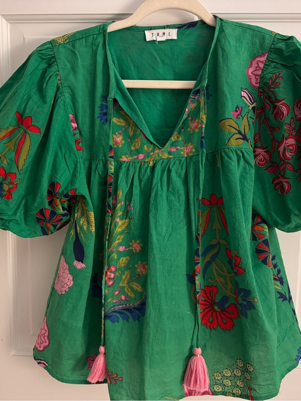 THML Emerald Green Floral Tassel XS Top